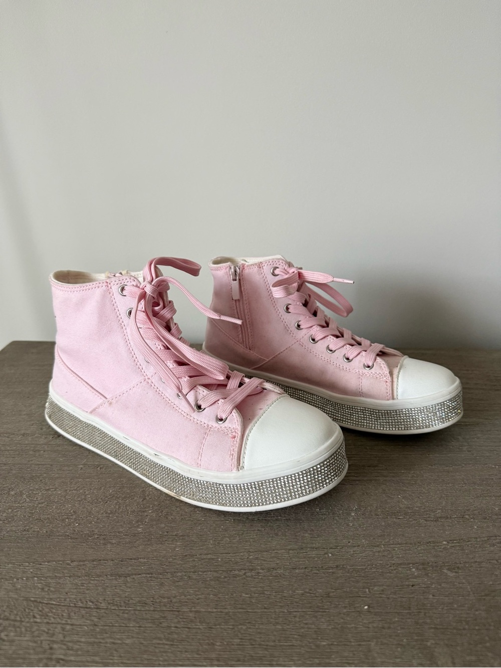 Lucky Step Pink High-Top Lace-Up Sneakers with Rhinestone Platform Side Zip - 8